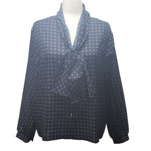 Vintage 60s Ship'n Shore Nautical Blouse Size L Blue Red Bow Collar Retro Mod